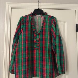 Festive Plaid V-Neck Blouse - Green and Pink